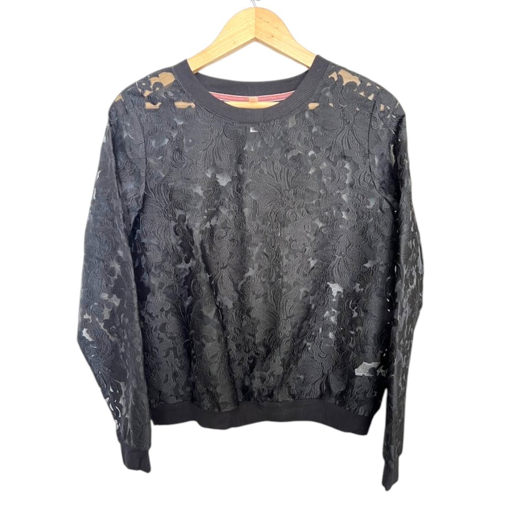 Xhilaration Black Sheer Floral Lace Mesh Sweatshirt Top Large Long Sleeve